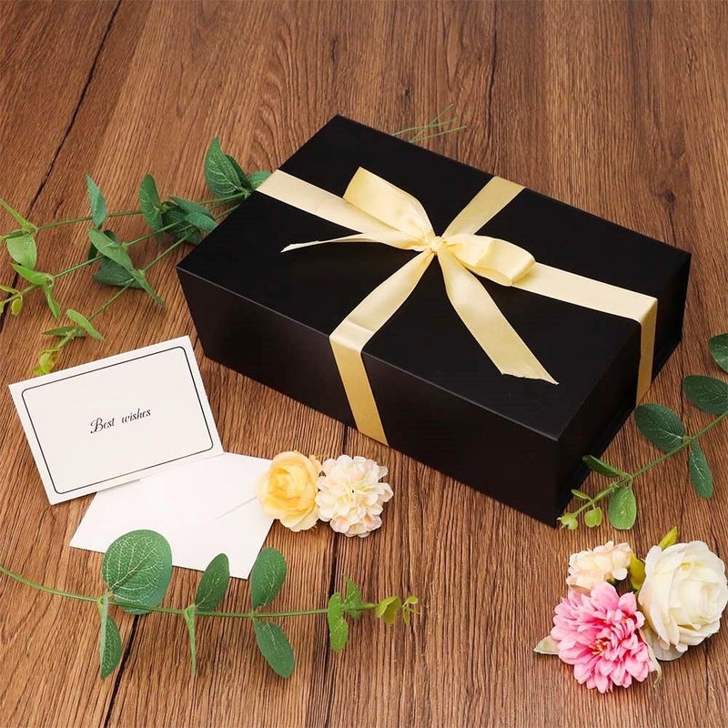 UoeRing 1 Pcs Black Gift Box,9.5x6x3 Magnetic Gift Box for Presents with Lids Rectangle Collapsible for Bridesmaid Proposal Box,Wedding,Christmas,Birthday Gift Packging with Ribbon Card Envelope - Image 2